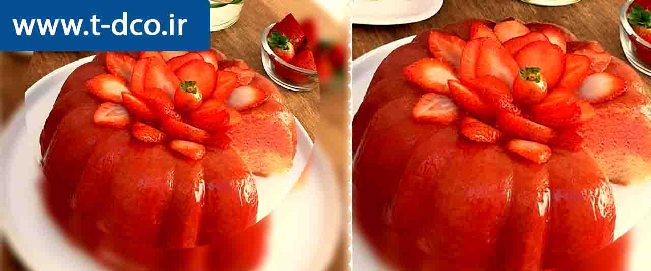 کیک دو رنگ با طعم توت فرنگی و روکش ژله ای